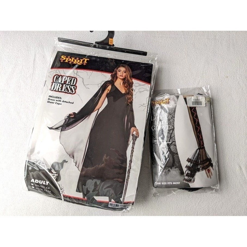 Spirit Halloween Costume Caped Dress Bell Gloves Women's Size S 4-8 Goth Cosplay